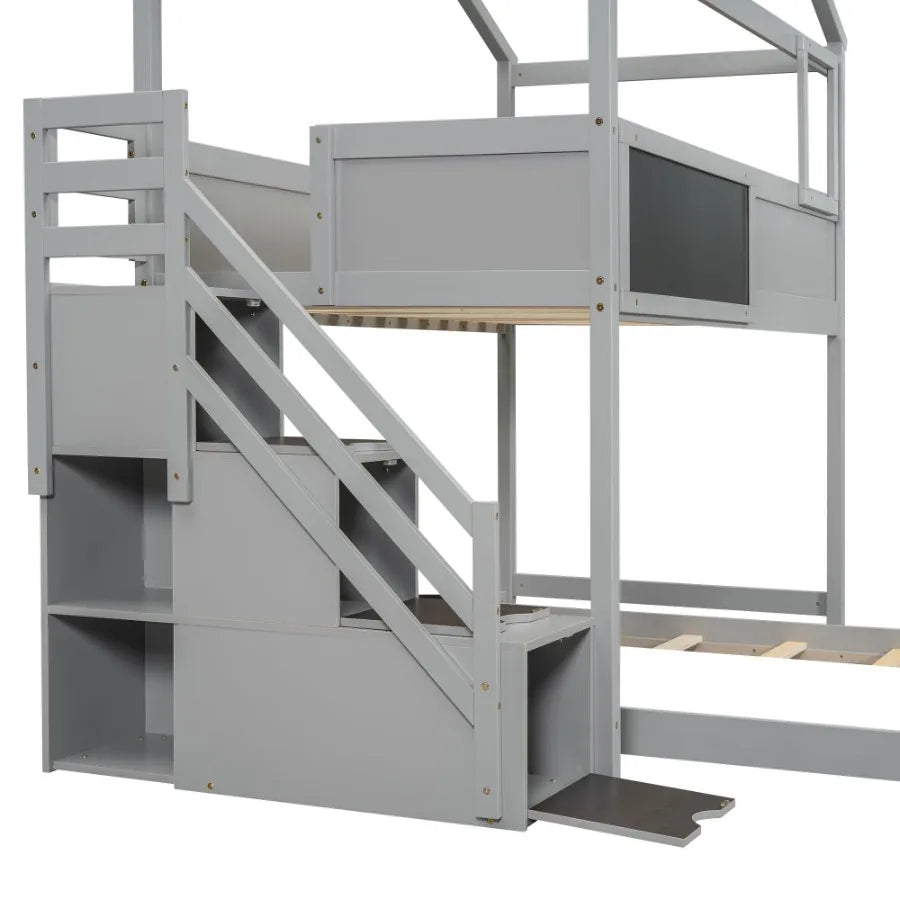 Twin over Full House Bunk Bed with Storage Staircase and Blackboard Gray Old SKU: GX001701AAE