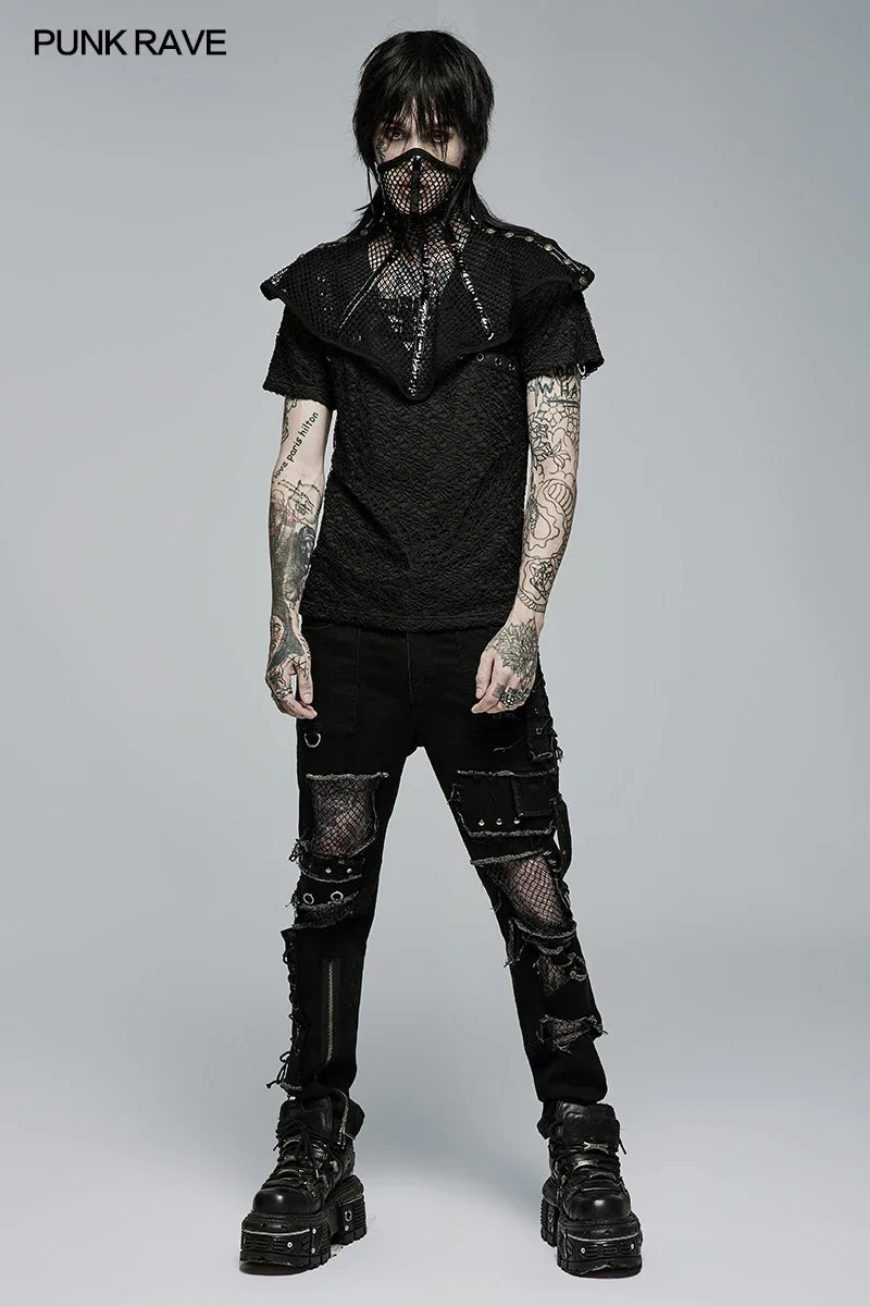 PUNK RAVE New Men's Punk Rock Broken Hole Net Black Long  Trousers Gothic Casual Male Motocycle Cotton Denim Pants Visual Kei