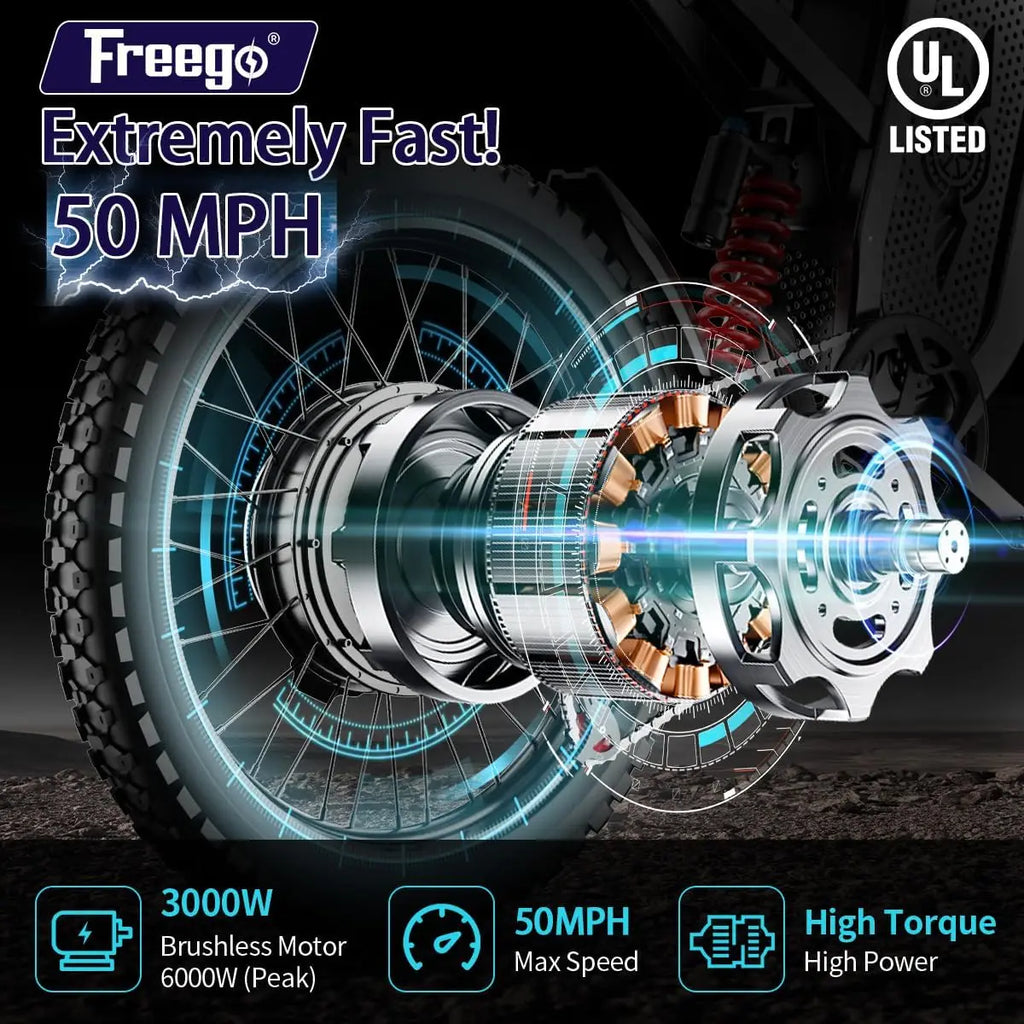 Freego X2 Electric Dirt Bike 6000W Motor 60V 30Ah Removable Battery Max 50Mph E-Bike 19" x2" Tire Off-Road Motorcycle for Adults