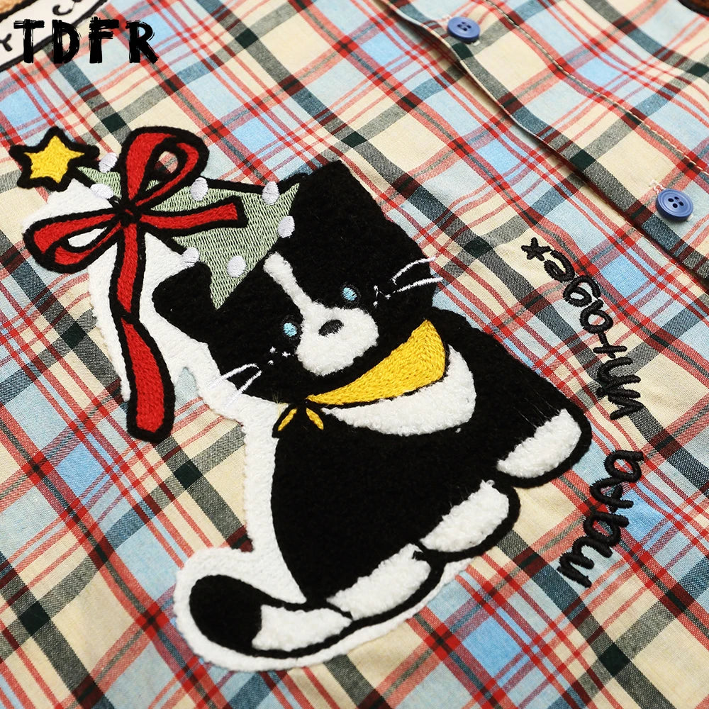 Cartoon Embroidery Short Sleeve Checked Shirt Mens Summer Retro Casual Spliced Lapel Single Breasted Half-Sleeve Plaid Shirts