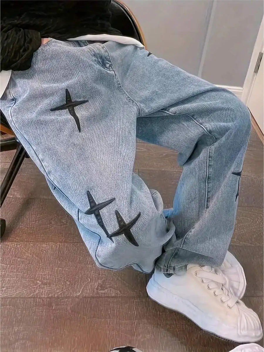 Mens Loose Straight Fit Cross Print Casual Denim Jeans