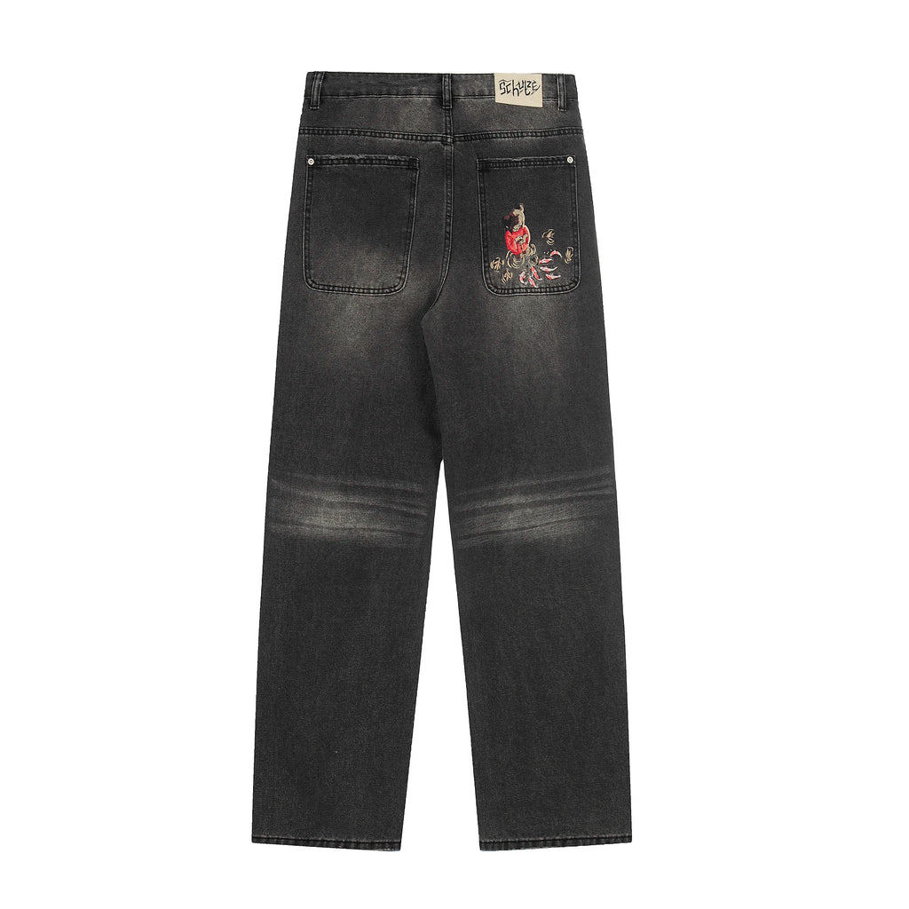 Cartoon Anime Embroidered Wide Leg Straight Leg Jeans American Style Trendy High Street Men's Jeans Casual Comfortable Fit