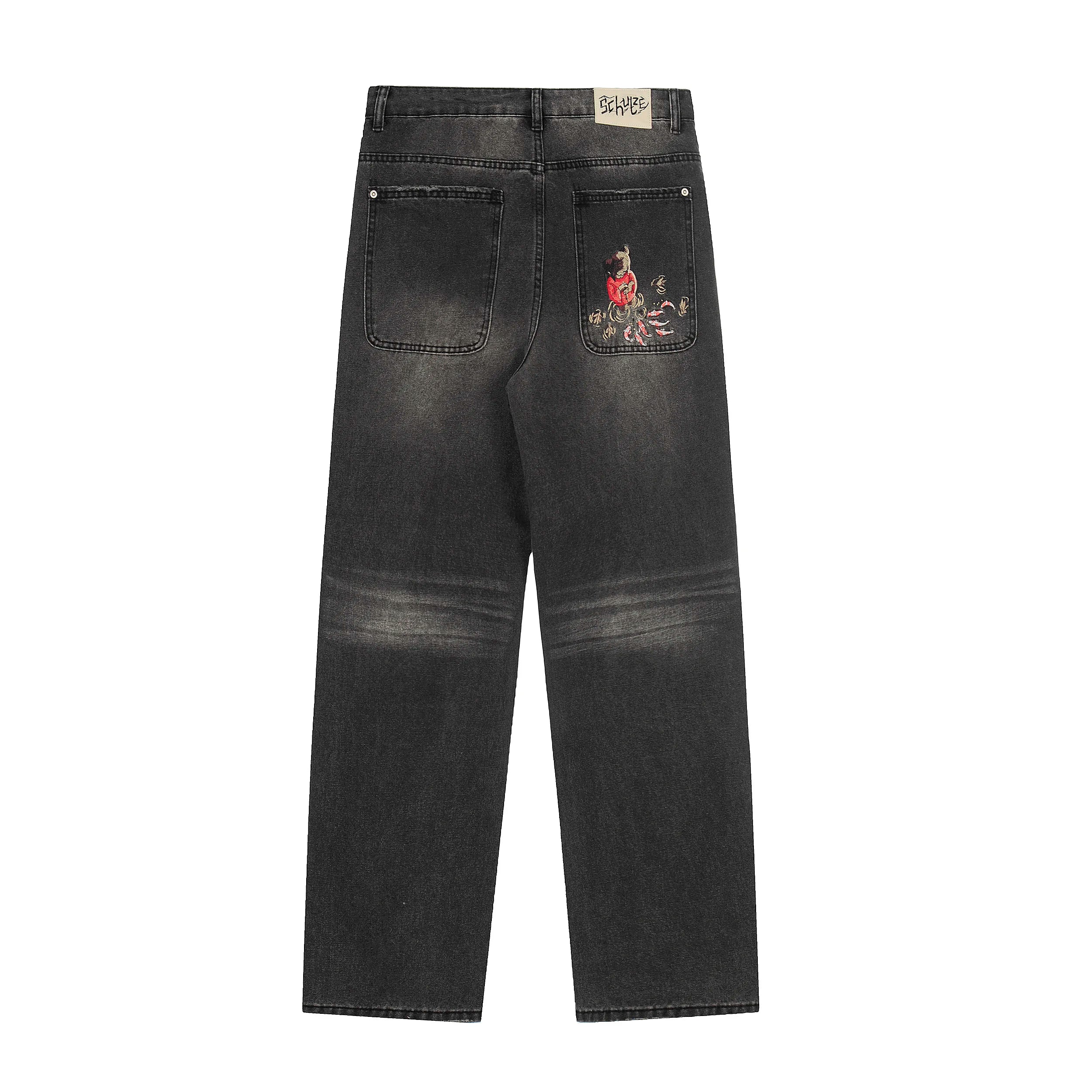 Cartoon Anime Embroidered Wide Leg Straight Leg Jeans American Style Trendy High Street Men's Jeans Casual Comfortable Fit