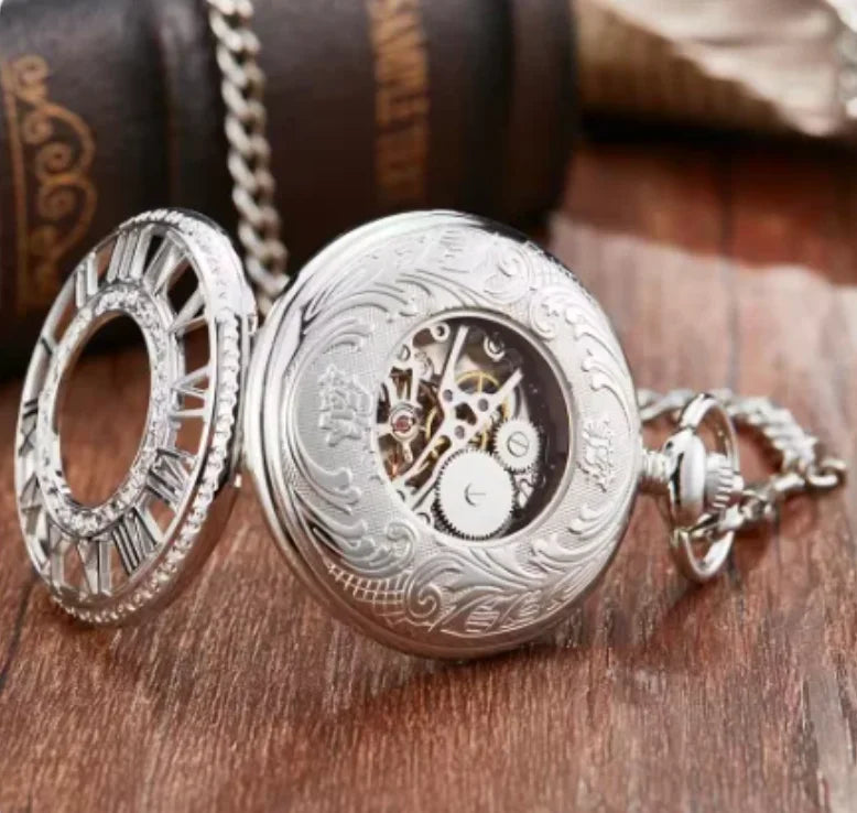 10pcs/lot Hollowed Silver Roman Numerals Case  Mechanical Pocket Watch with Chain  Pocket Watches Men Steampunk Gift Watches