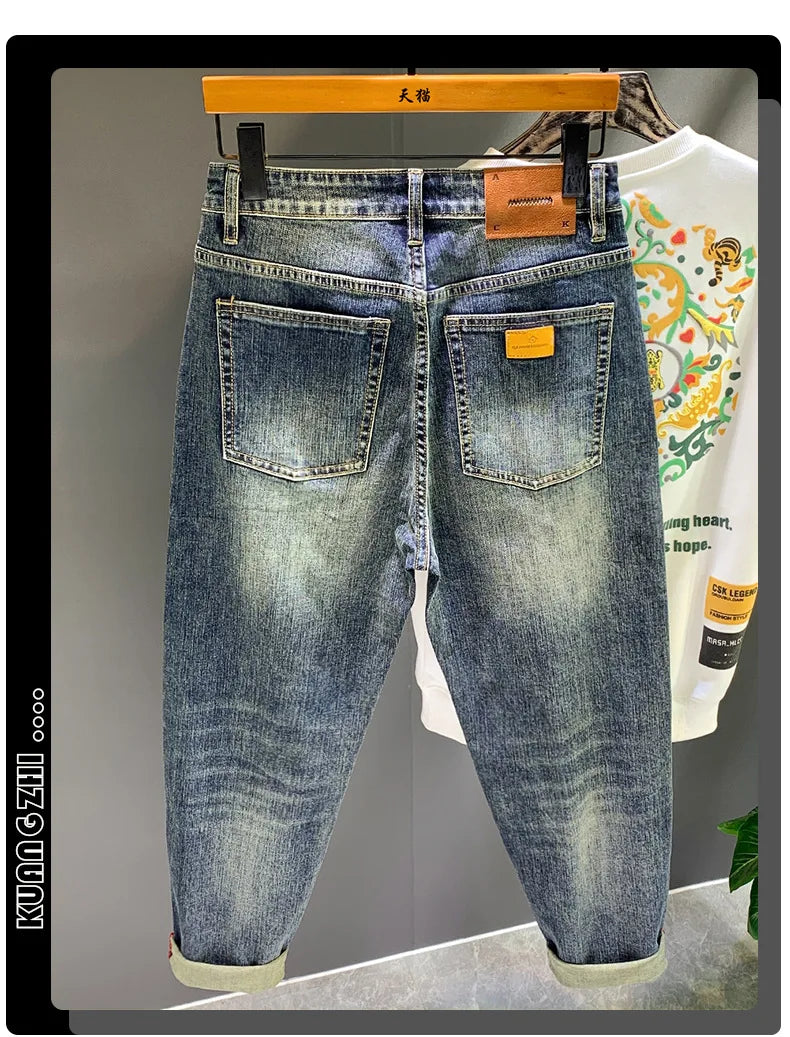 Spring and Autumn Retro Blue Japanese Street Harem Jeans Men's Loose plus Size Wide Legs Daddy Pants Trendy All-Matching Casual
