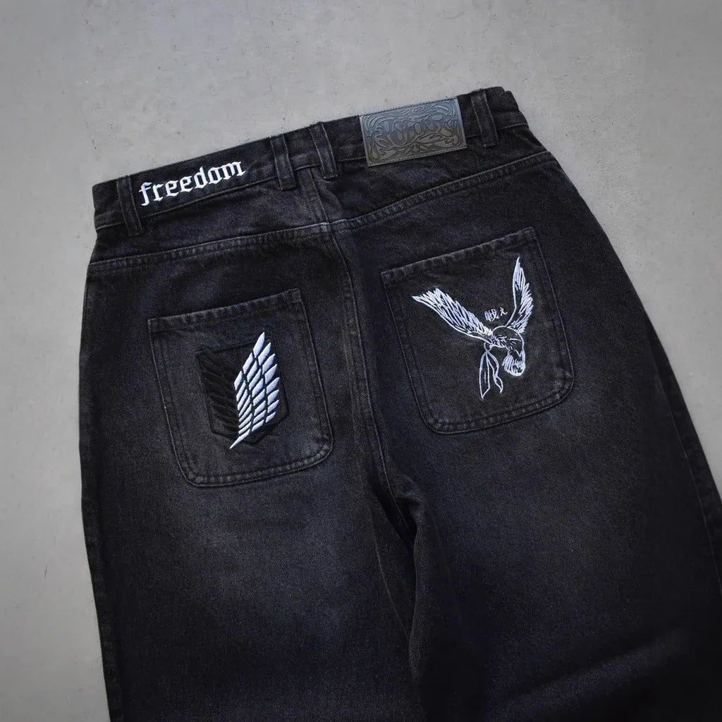 Y2K Japanese AOT Freedom Wings Embroidery Jeans Men Women Wide Leg High Waist Denim Pants Wings of Liberty Patch Blue Black Jean