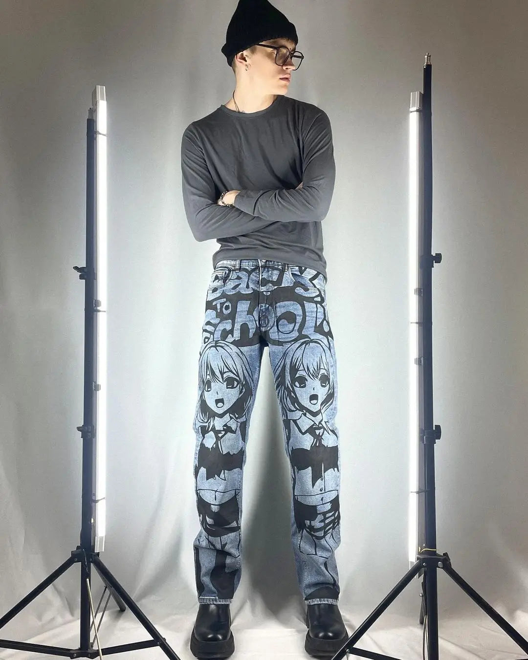 Anime Sexy Girl Print Blue Baggy Jeans New Style Wide Leg Trouser Y2k Harajuku Popular Streetwear Men Women High Waist Pants