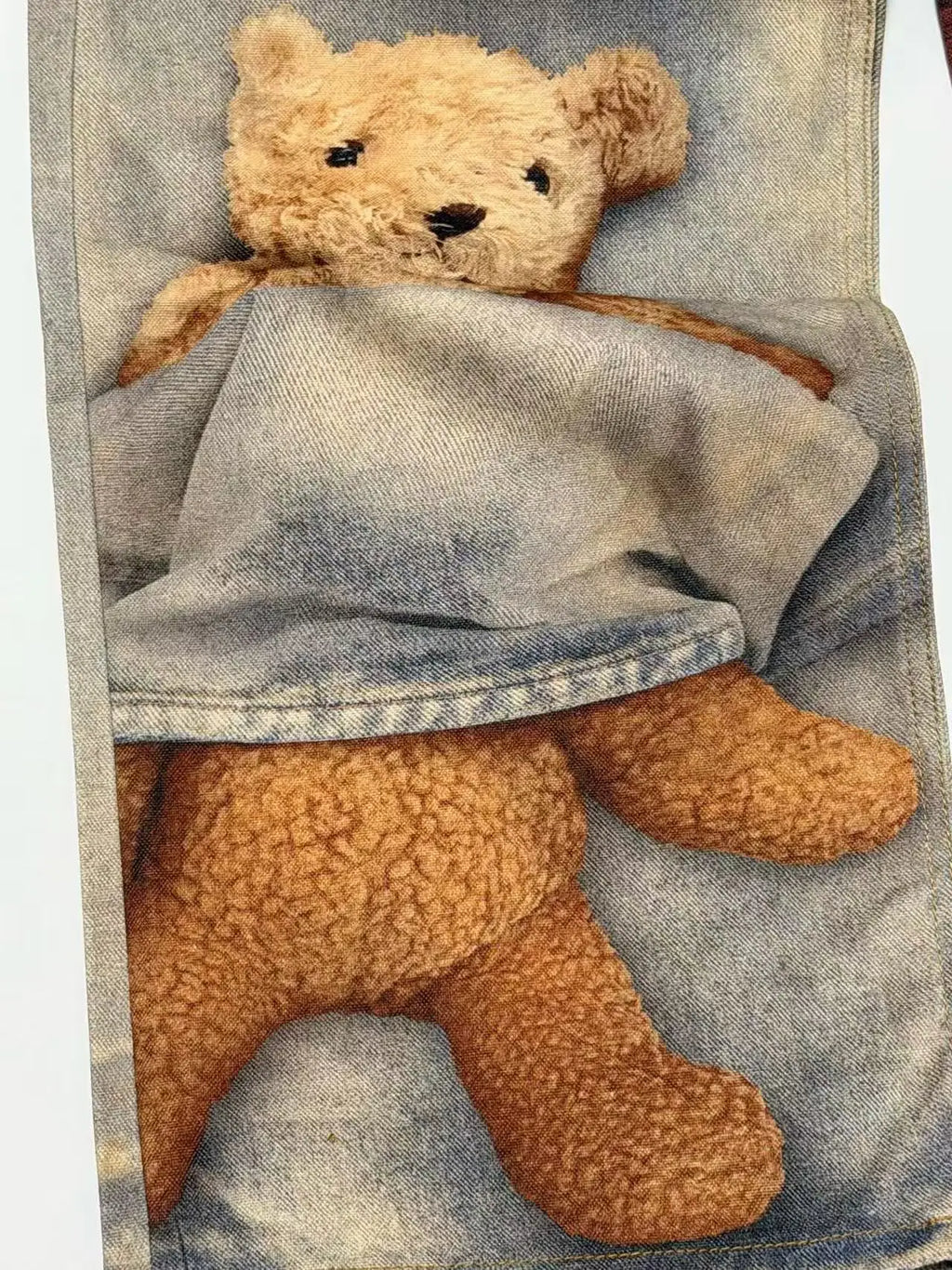 men and women retro little bear digital prints jeans baggy fit