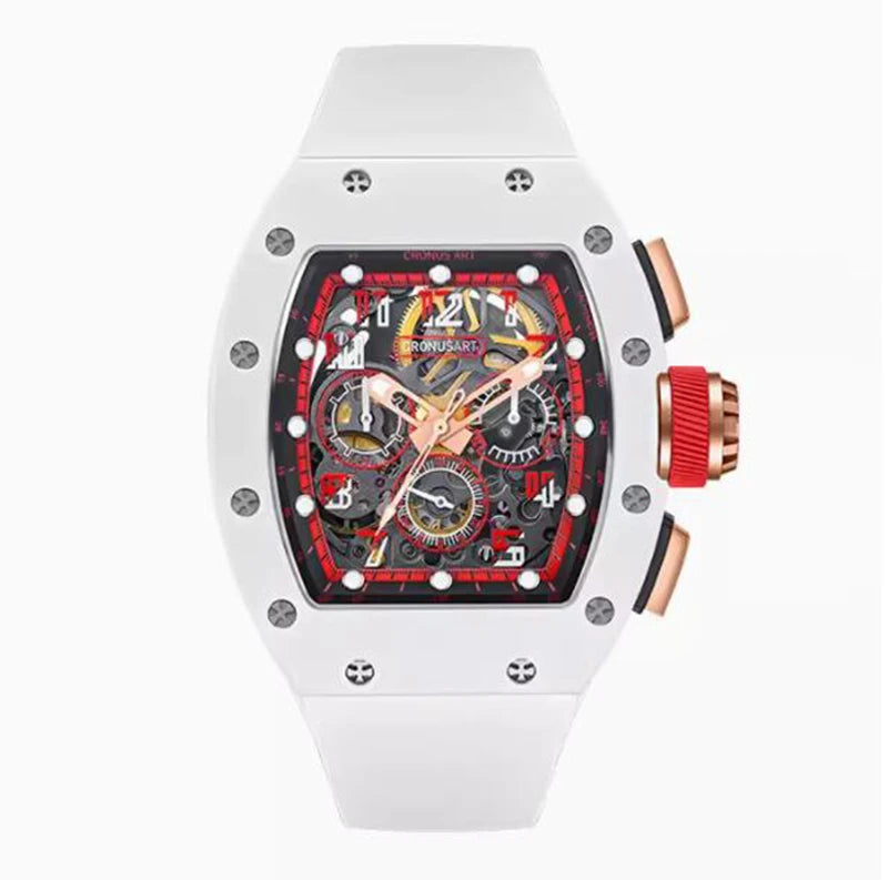 CRONUSART Men Chronograph Watch Tonneau Automatic Mechanical Wristwatch Sapphire Mirror Luminous FKM Strap Skeleton Dial