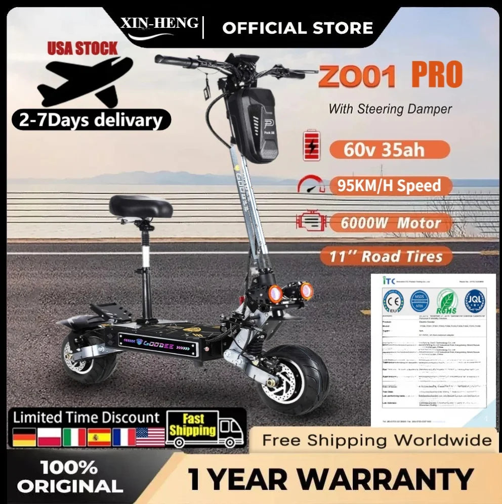 ZonDoo Pro 6000W 60V 38AH Dual Motor Electric Scooter Max Speed 95KM/H Max Mileage 90-110km 11 Inch Road Tyre Electric Scooter
