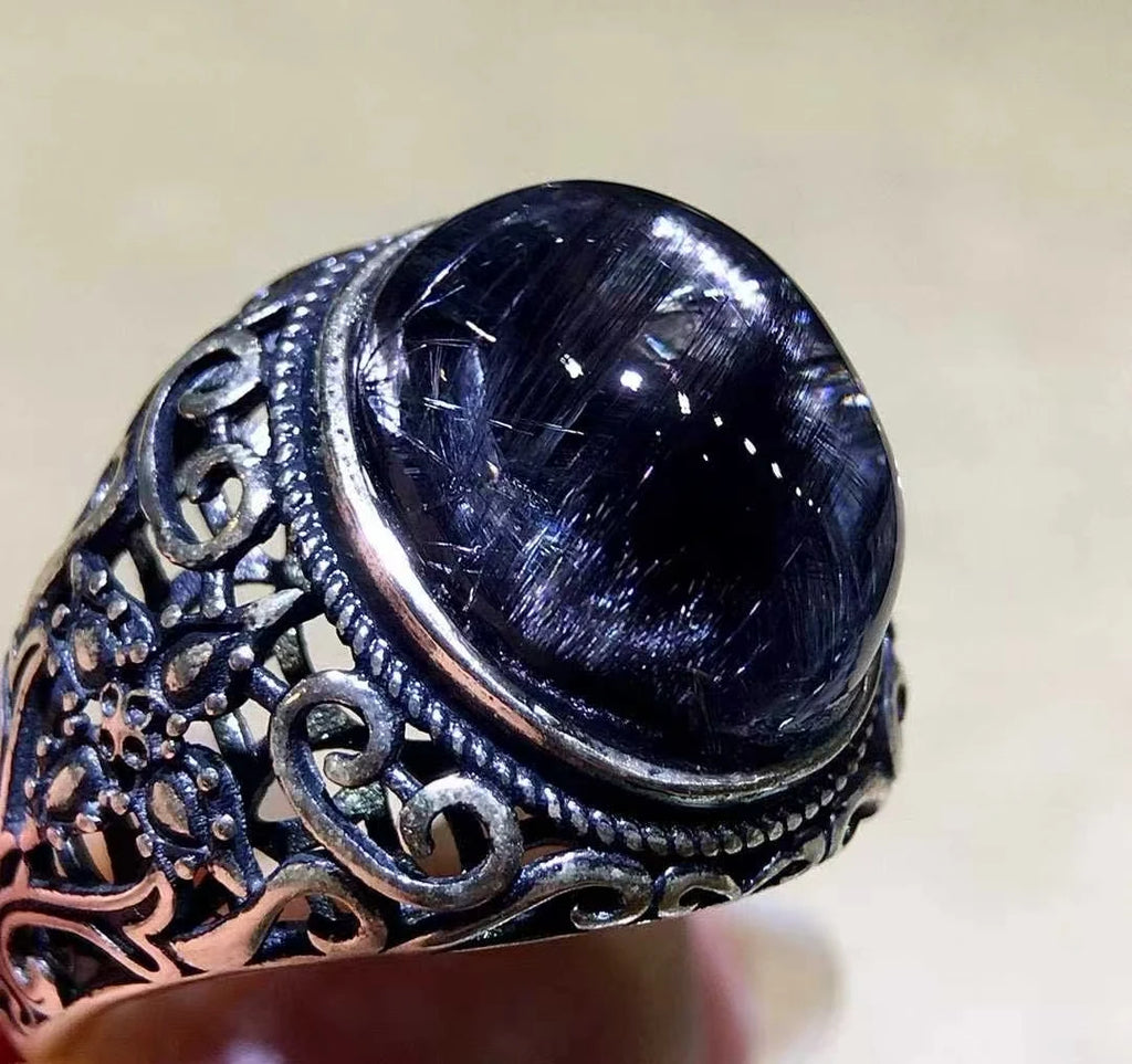 Natural Brookite Platinum Rutilated Quartz Ring Oval 925 Sterling Silver 16.6/14/8mm Woman Men Water Drop Lucky AAAAA