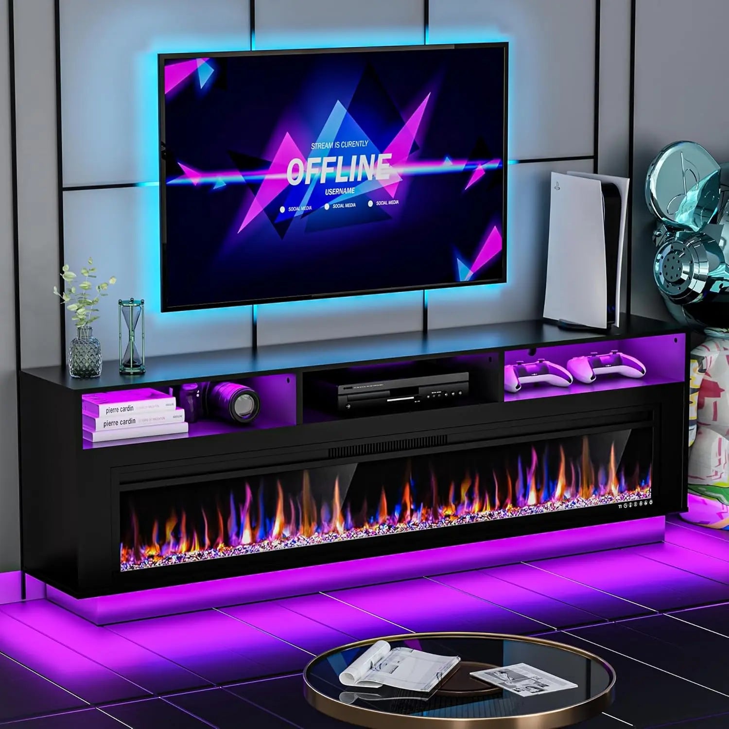 58" Fireplace TV Stand for TVs Up to 65" with 52" Electric Fireplace, TV Console for The Living Room, LED Light, Custom