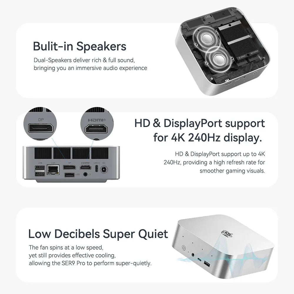 Beelink SER9 PRO Powerful AI Mini PC DDR5 AMD Ryzen AI 9 HX370 Gaming PC Max 64GB 2TB NVME SSD Desktop Computer Windows 11 PRO