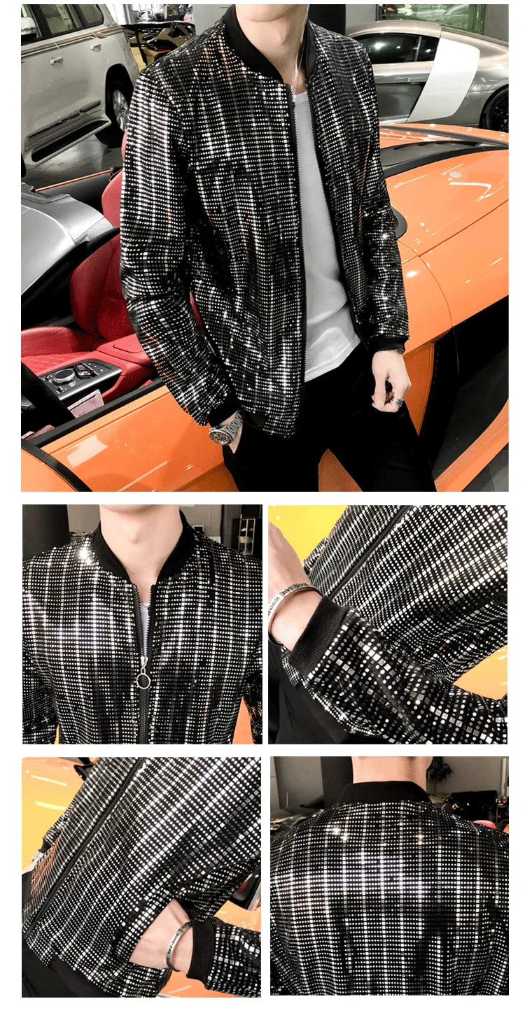 Y2K Men's Streetwear Night Club Stage Thin Motorcycle Jackets Fashion Men Hip Hop Sequined Bombers Jacket Coat Fashion Clothing