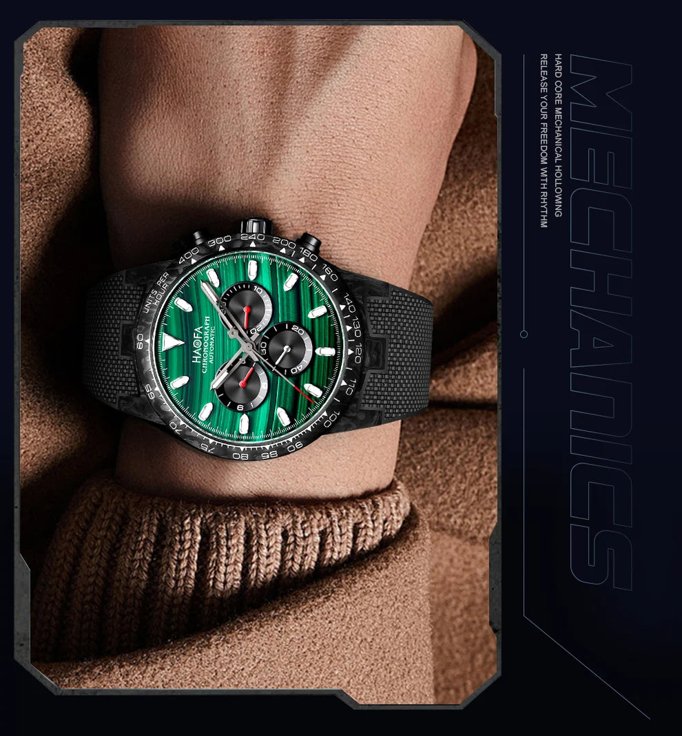 Haofa Carbon Fiber Chronograph Watch Automatic Mechanical Watches for Men Sapphire Waterproof Watch Cool Multi-function 2366