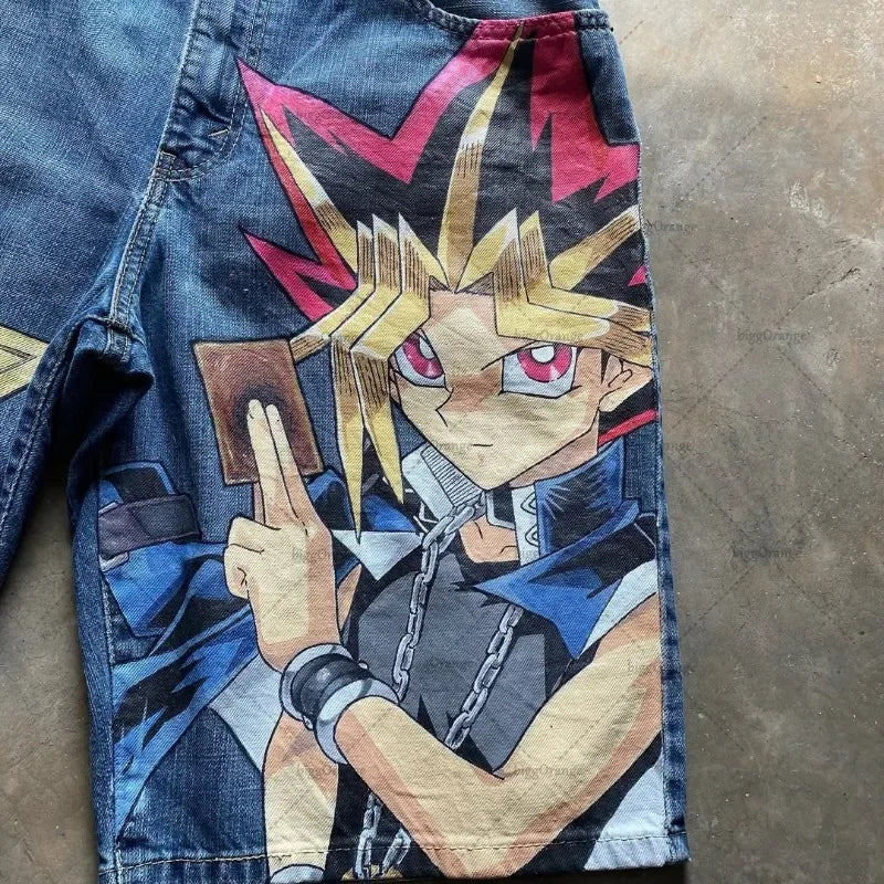 Retro American Trendy Streetwear Y2K Harajuku Anime Printed Denim Shorts Men Gothic Hip-hop Punk Loose Casual Straight Pants
