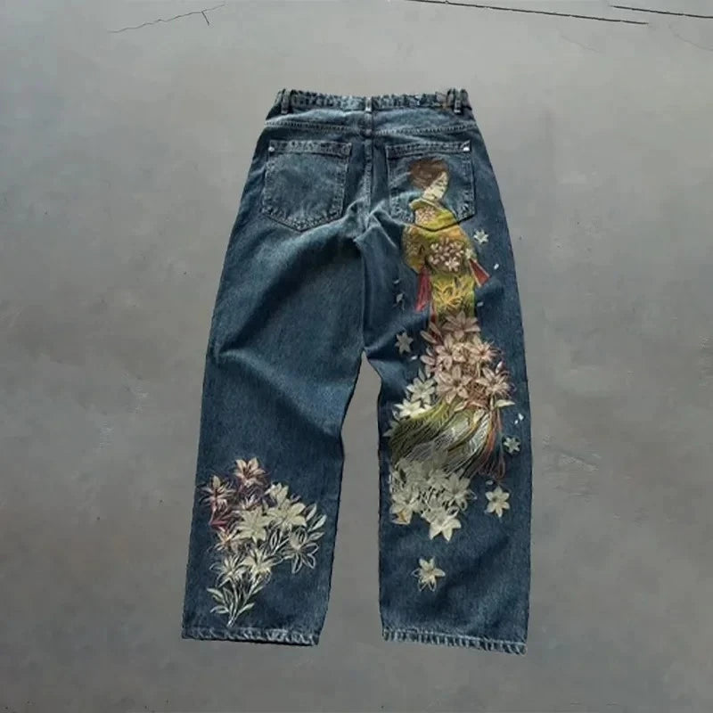 Y2K Harajuku Jeans new Dragon Embroidery high quality jeans 2000s Gothic Vintage Hip Hop streetwear denim fabric wide leg pants