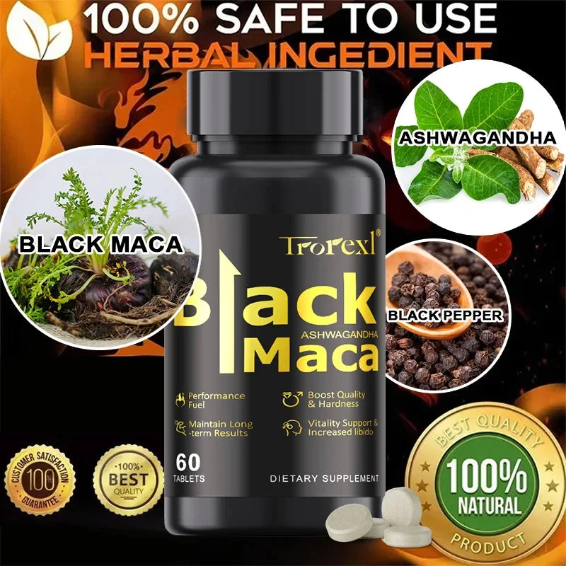 TOP STRENGTH Black Maca Ashwagandha Tablets for Men Potency| Natural Energy + Stamina Booster | 60 Caps