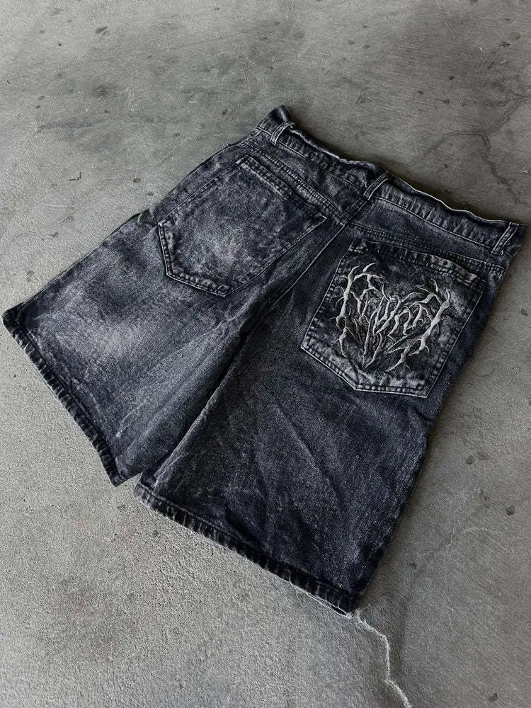 Goth Retro Men Baggy Unisex Short Pants Y2K Phantom Jeans High Street Spider Embroidered Patch Hip Hop Streetwear Straight Jeans
