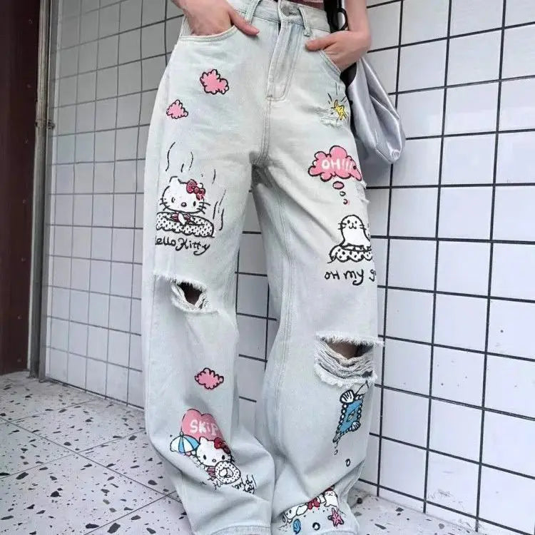 Kawaii Jeans Hello Kittys Ripped Wide-Leg Pants Cute Fashion Straight New Style Loose Comfortable Breathable Cartoon