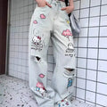 Kawaii Jeans Hello Kittys Ripped Wide-Leg Pants Cute Fashion Straight New Style Loose Comfortable Breathable Cartoon