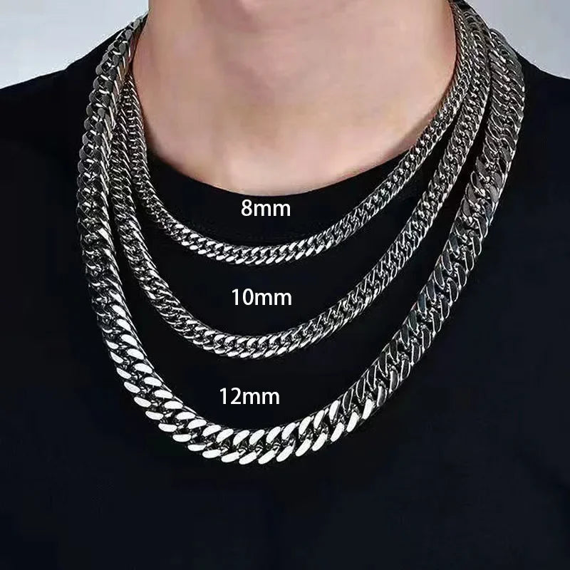 HNSP Stainless Steel LA Cuban Link Chain Silver Color Necklace For Men Jewelry 8/10/12/14MM Width Hip Hop Punk Accessories