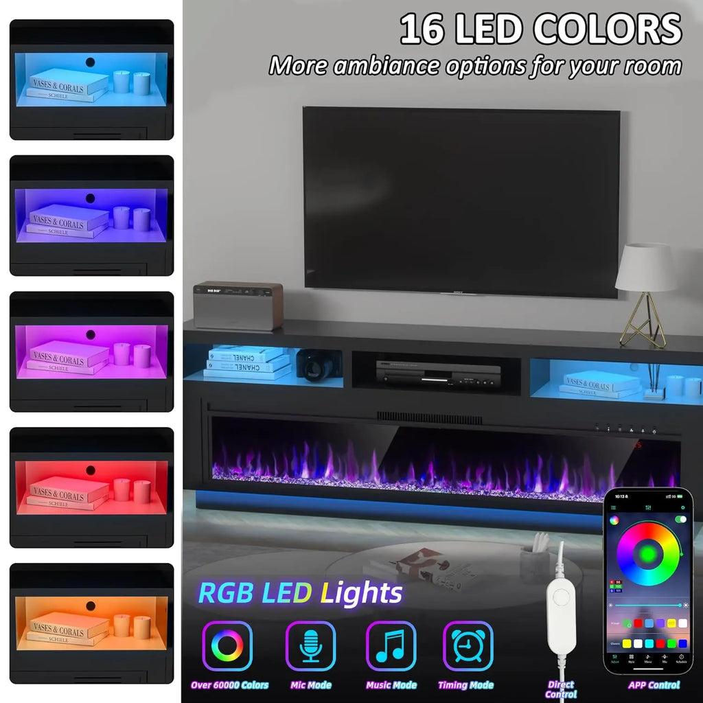 58" Fireplace TV Stand for TVs Up to 65" with 52" Electric Fireplace, TV Console for The Living Room, LED Light, Custom