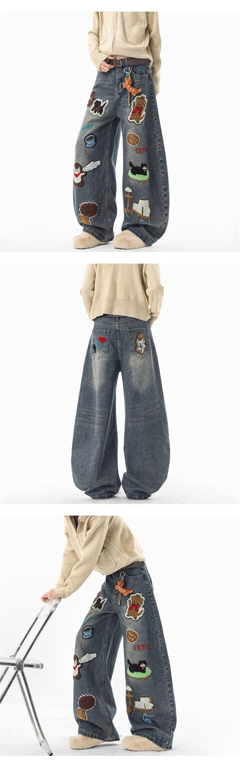 Hip Hop Cartoon Graffiti Graphic Appliques Baggy Jean Man Casual Embroidered Straight Wide-Leg Denim Pants Y2K Streetwear Jeans