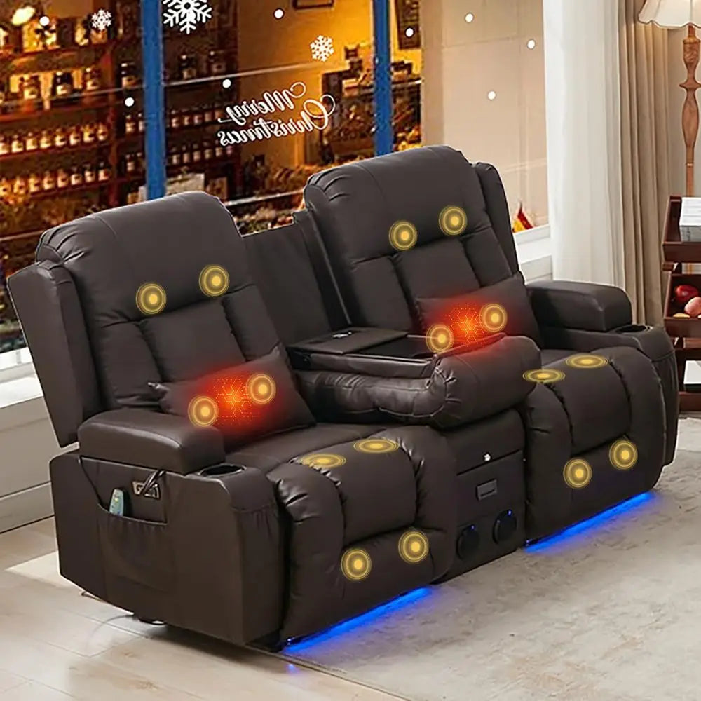 2-Seater Brown Home Theater Recliner Sofa with LED Lights, AC/USB Ports, Cup Holders, Electric Controls, Bluetooth Speaker, Mass
