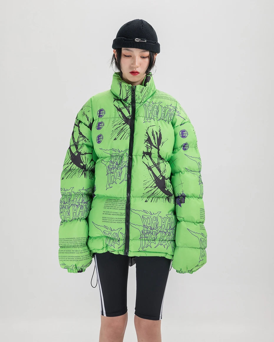 Streetwear Anime Printed Jacket Men Hip Hop Winter Parkas Coat Black Loose Puffer Padded Jackets  Y2K Oversized Bubble Coats Man