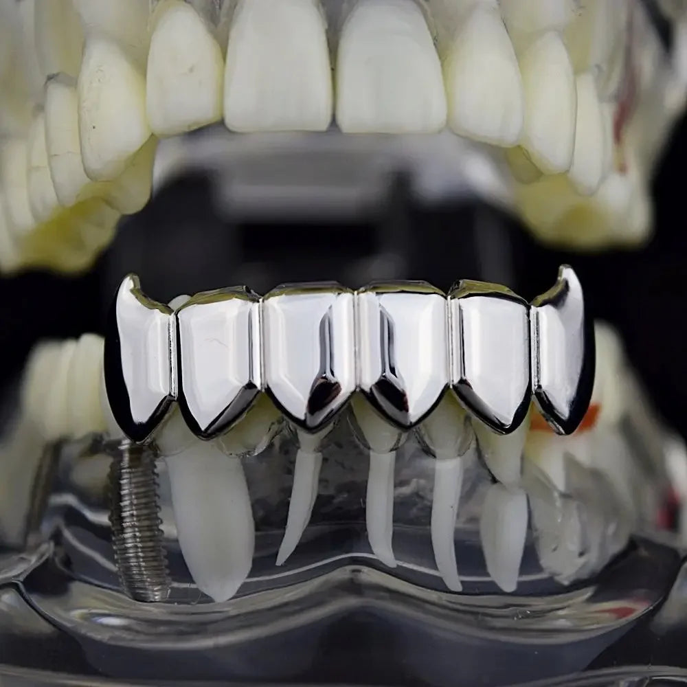 Gold Silver Plated HIP HOP Teeth Grillz Top & Bottom Grills Set With silicone Real Shiny Vampire Tooth Sets