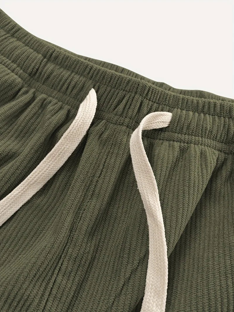 Women's Corduroy Pants Texture Straight-Leg Trousers with Drawstring Waist & White Piping - All-Season Casual to Semi-Formal