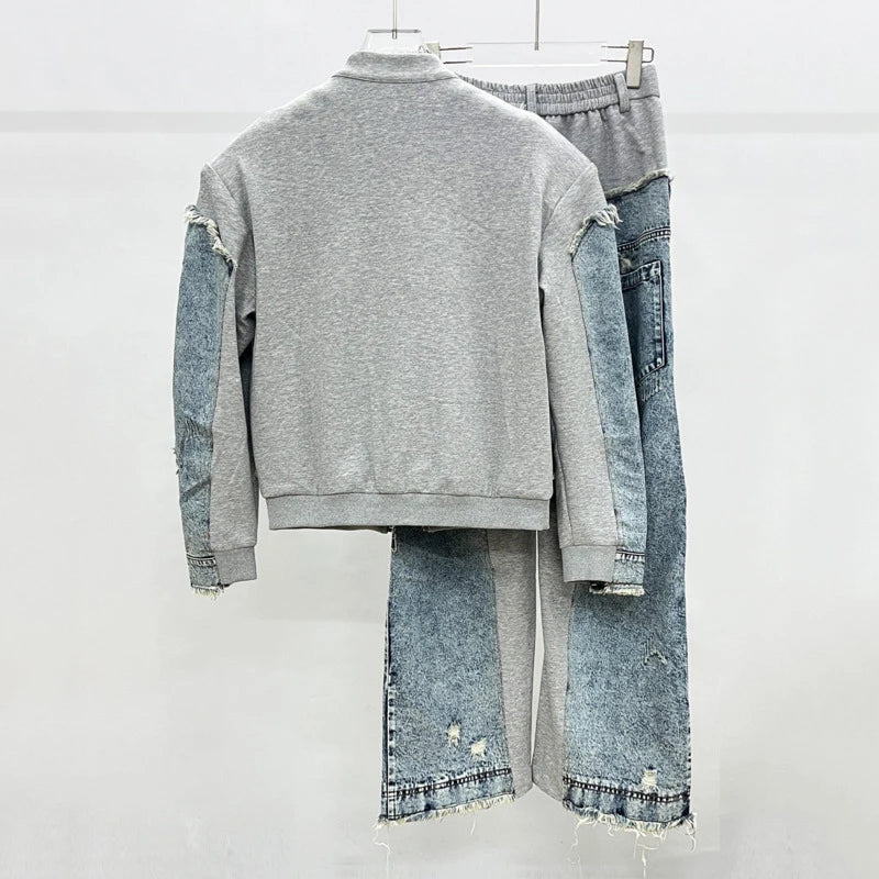 HKSH Spring Autumn New Men Trend Ripped Frayed Denim Patchwork Jacket Elastic Waist Wide-Leg Pants Fashion Two-Piece Set HK16899
