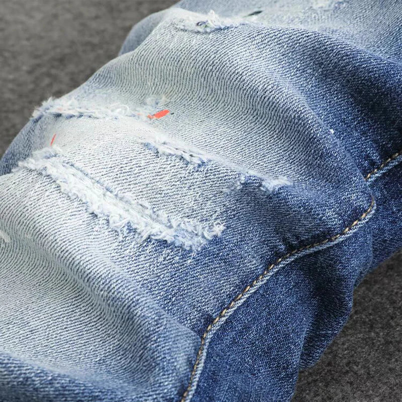 Fashionable new jeans washed with nostalgia, stretchy, slim fit, light blue, men's ripped patch jeans, high street hip-hop pants