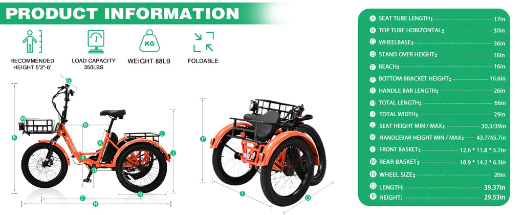 Folding Electric Tricycle for Adults 20" Fat Tire Electric Trike E-Bike