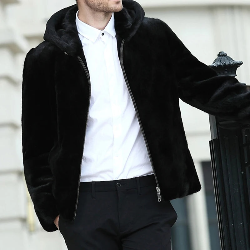 Real Men Mink Fur Coat With Hood Winter Warm Full Pelt Fur Classic Black Color Luxurious Thick Mens Coats 2023 Outwear Jacket
