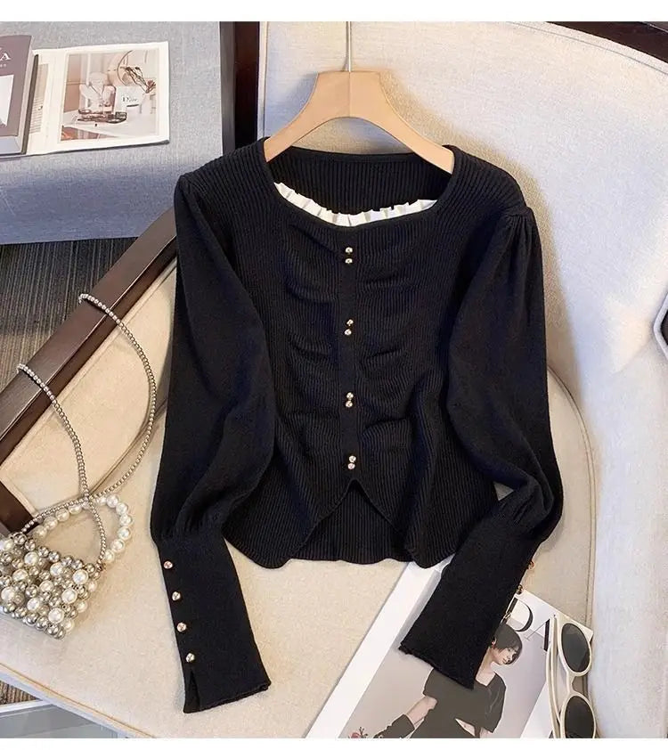Pleated Slit Hem Contrast Patchwork Sweet Pullovers Women Clothing New Long Sleeve Fashion Sweaters Casual Korean Autumn Winter