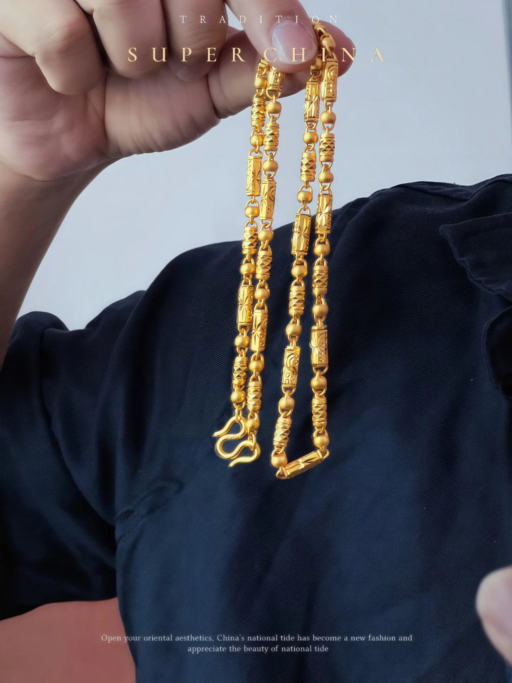 Gold store 9999 24K real gold Chinese style carving olive bamboo necklace hexagonal beads cylindrical chain men's jewelry