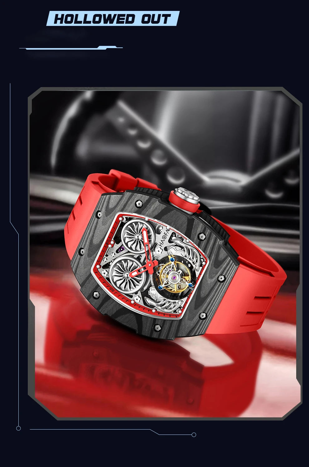 Haofa Carbon Fiber Tourbillon Mens Watch Double Spring Diver Automatic Mechanical Watches for Men Sapphire Luxury Business 1922