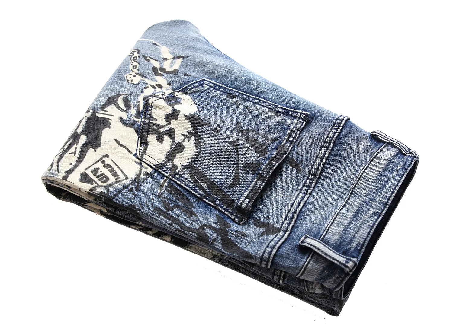 2026 Men's Blue 3D Printing Jeans, Black Wolf Pattern Printed Punk Straight Cotton Casual Print Denim Pants Asian Size 28-42