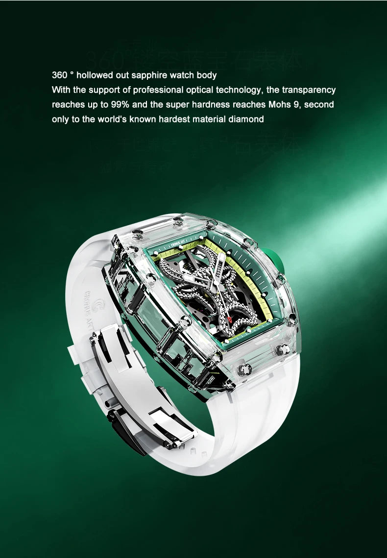 CRONUSART Men Automatic Watch 50mm Tonneau Mechanical Wristwatch Sapphire Case & Mirror Luminous FKM Strap Skeleton Bull Dial