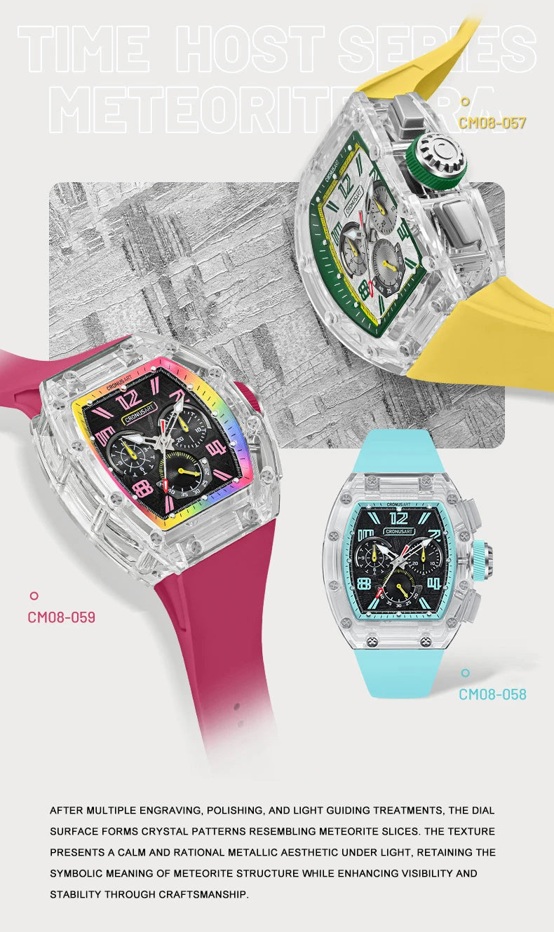 CRONUSART Men Automatic Watch 50mm Tonneau Chronograph Mechanical Wristwatch 5ATM Luminous Sapphire Case & Mirror Meteorite Dial
