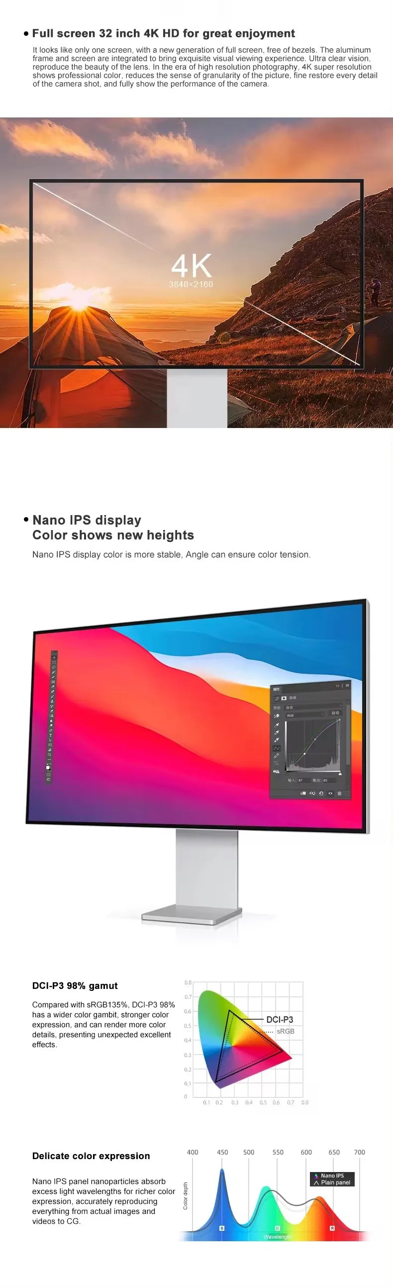 32 Inch LED Monitor 4K 3840*2160 HDR10 Feature 60Hz USB-C FOR MAC 100W HDR10 139PPI matt screen Display kuycon P32UB hole style