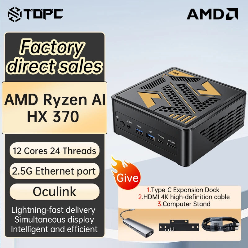 TOPC Mini PC Gamer Oculink AMD Ryzen AI 9 HX 370 365 7 PRO 360 USB4 2x2.5G 2xPCIe Desktop Gaming Computer NUC Windows11 WiFi6