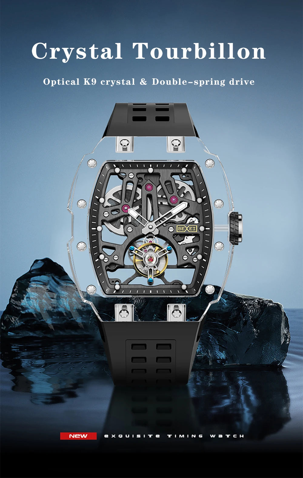 BEXEI K9 Sapphire Crystal Flying Tourbillon Man Watch Manual Skeleton Movement Men's Luxury Watch Vintage