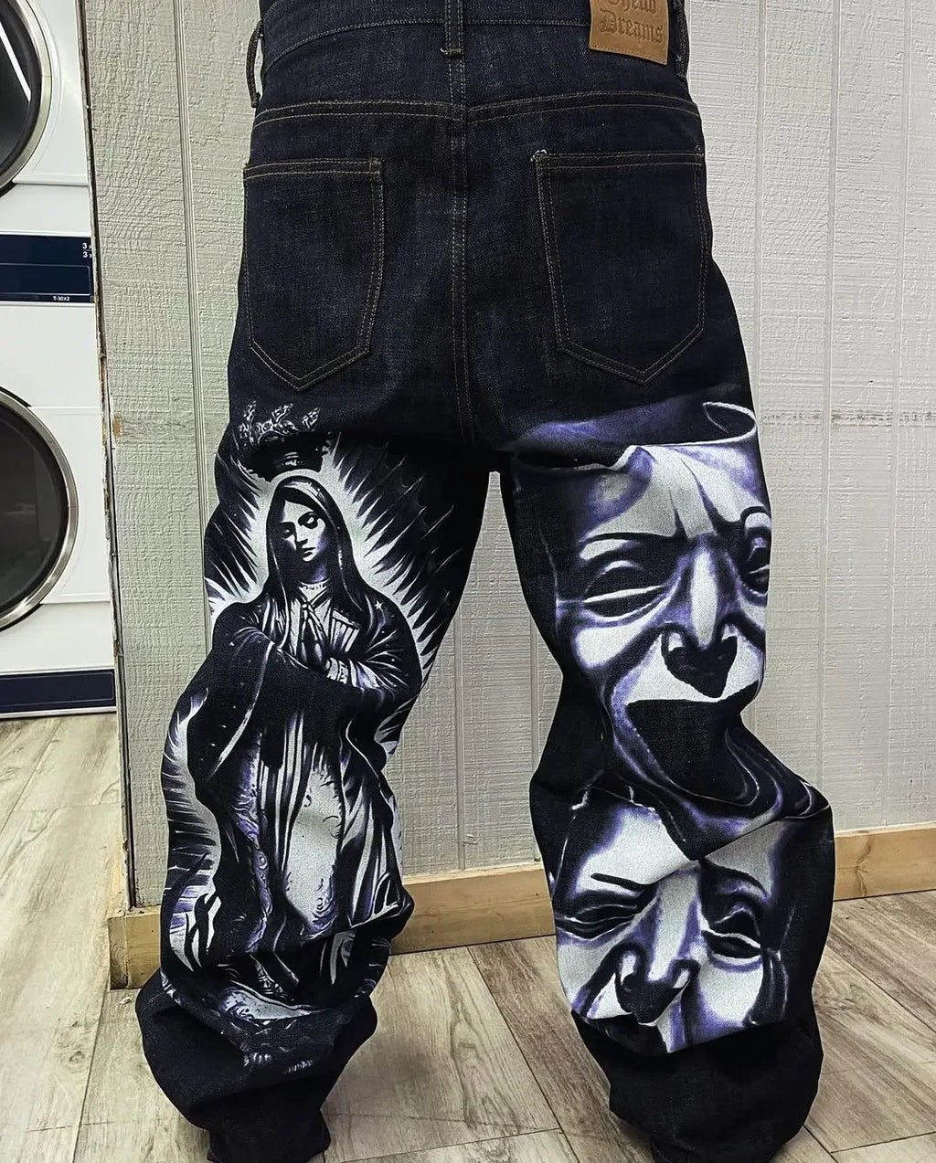 American retro god print jeans men women y2k gothic skateboard pants streetwear harajuku hip hop watermark loose slouchy jeans
