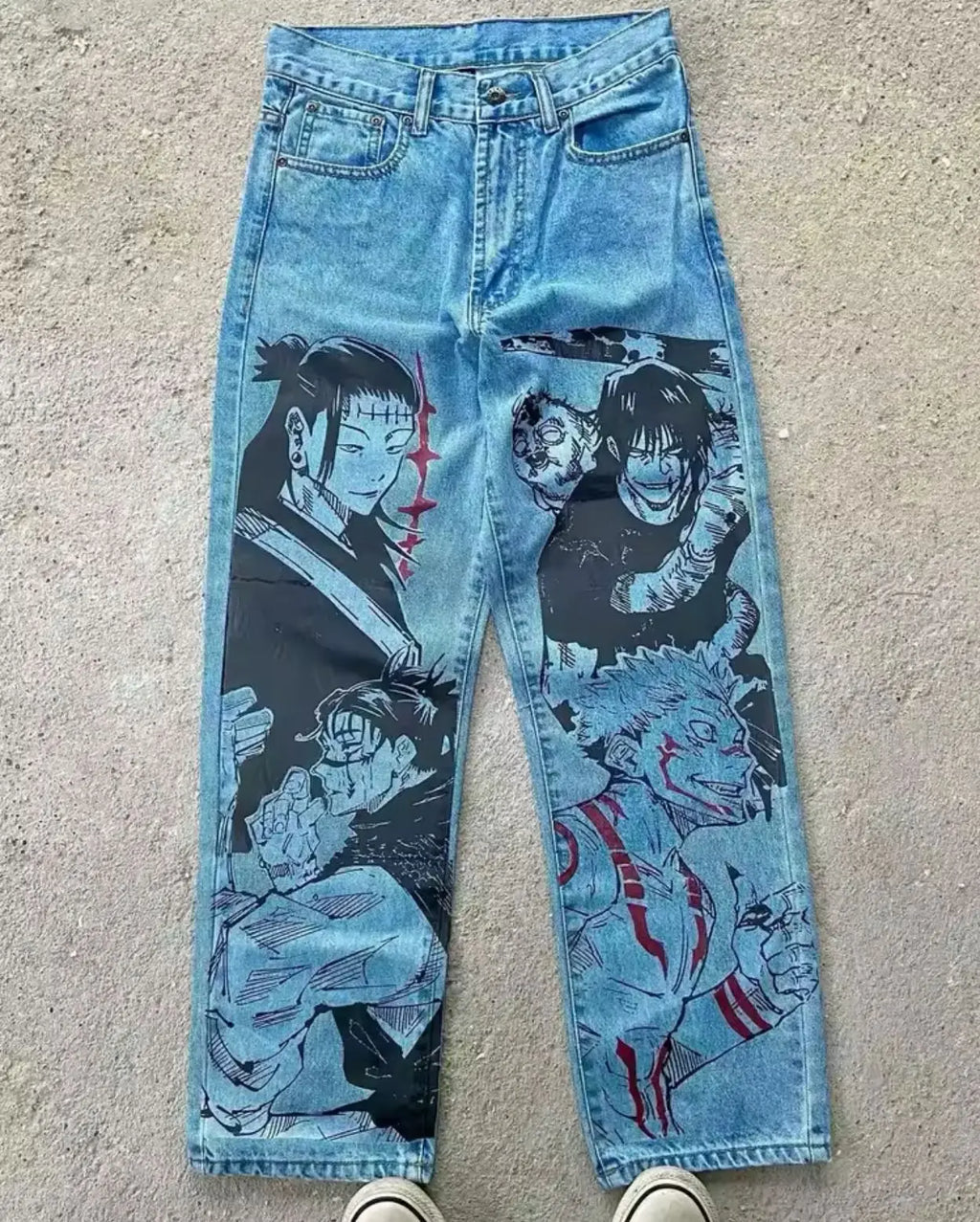 New Trend Printed Demon Slayer One Piece Jujutsu Kaisen Anime Characters Teen Loose Casual Jeans Japanese Retro Straight Jeans