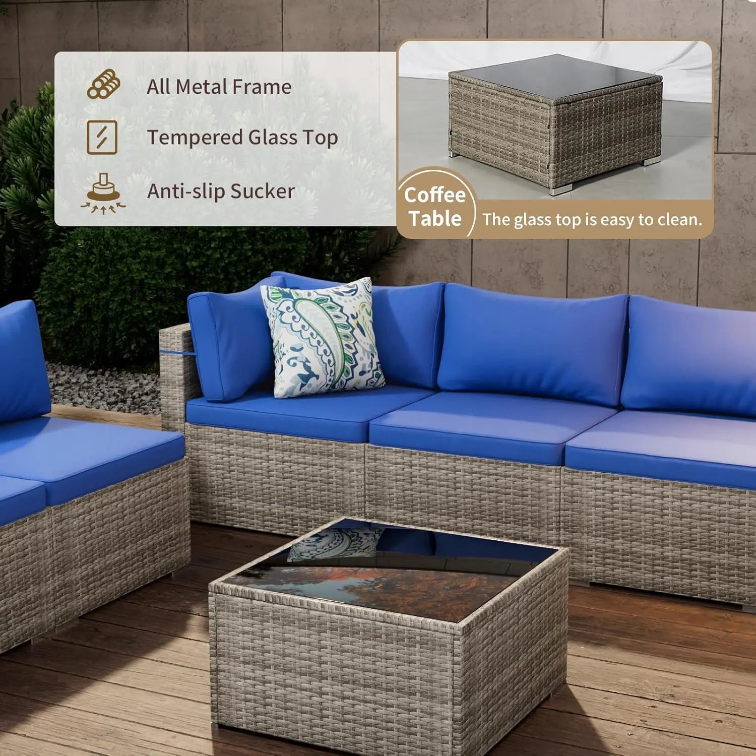 7 Piece Patio Furniture Set, Outdoor Wicker Patio Sofa Set, PE Rattan Sectional Couch with Glass Table and Blue, Customized