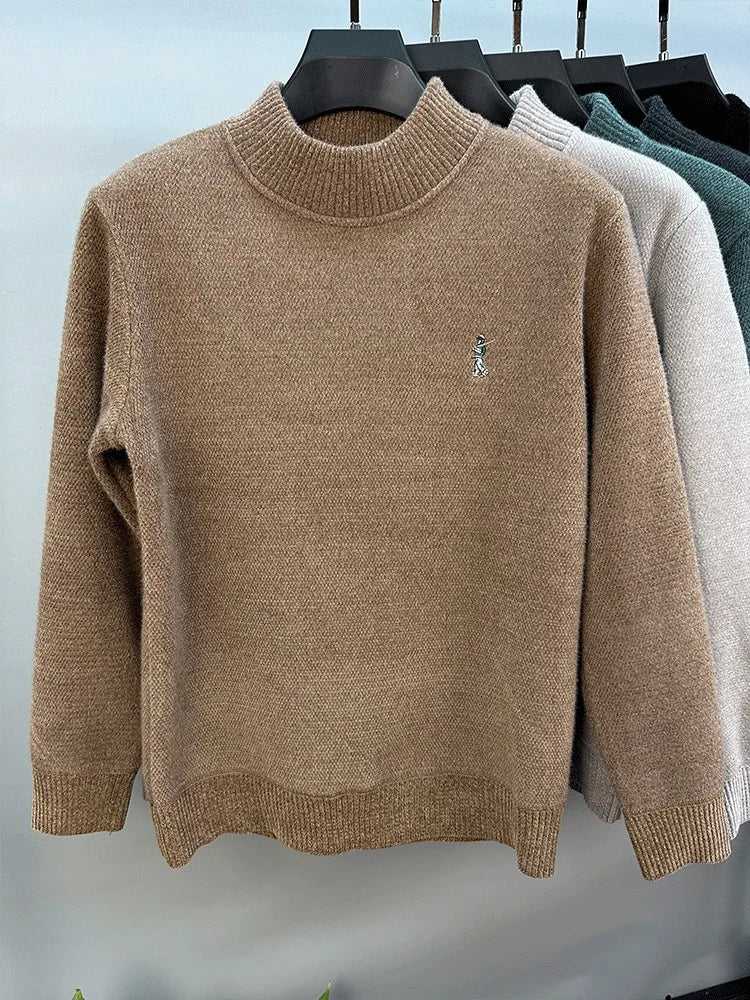 Luxury brand men's round neck knitted sweater fashion cartoon embroidery comfort warm plush autumn winter casual golf pullover