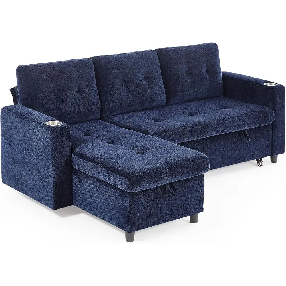 Pull-Out Chaise Sofa Bed with Storage, L-Shaped Cloud Couch, Sectional Living Room Furniture, Tool-Free Assembly, Chenille Fabri